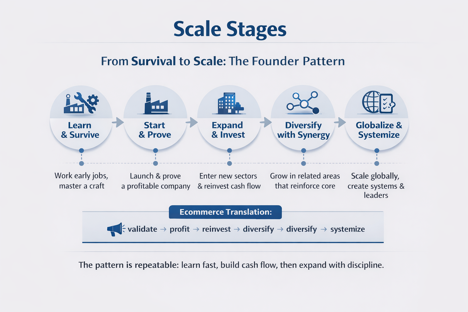 A milestone timeline showing the path from early hardship to global scale, without years—focused on phases (learn → build → expand → diversify → systemize).