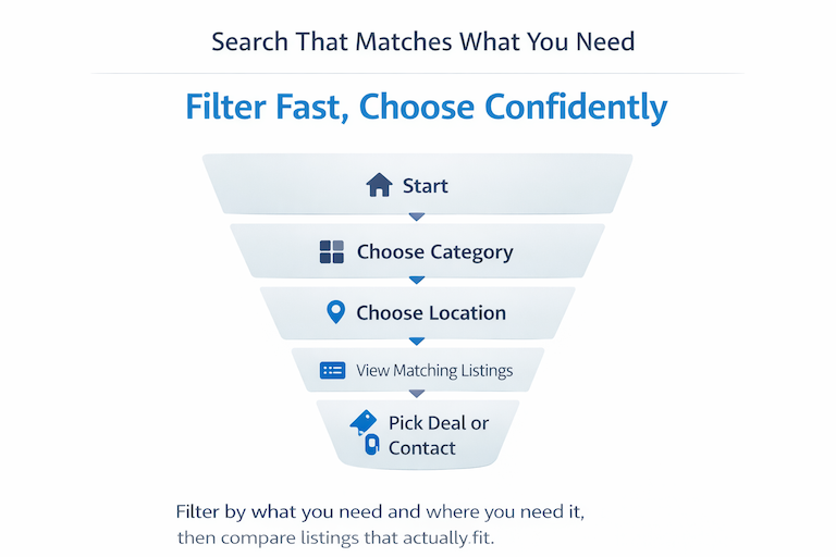 A simple funnel graphic that shows how Shareit.hk search narrows results: Start &rarr; Choose Category &rarr; Choose Location &rarr; View Matching Listings &rarr; Pick Deal/Contact.