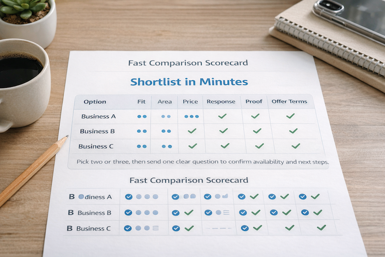 A simple comparison table for three businesses with columns for Fit, Area, Price, Response, Proof, Offer Terms plus a final &ldquo;Shortlist&rdquo; checkmark column.
