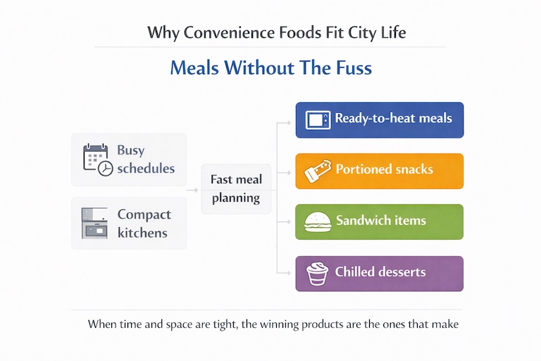 A simple “day-in-the-life” flow showing busy schedules + compact kitchens leading to high demand for ready-to-heat meals, portioned snacks, sandwich items, and chilled desserts.