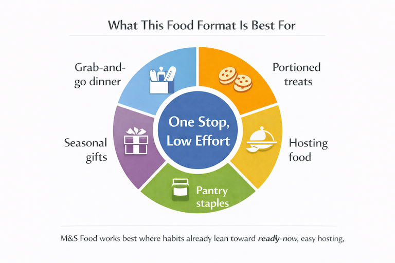 A circular “shopping habit wheel” showing where M&S Food aligns: grab-and-go dinner, portioned treats, hosting food, pantry staples, seasonal gifts, with a center label “One stop, low effort.”