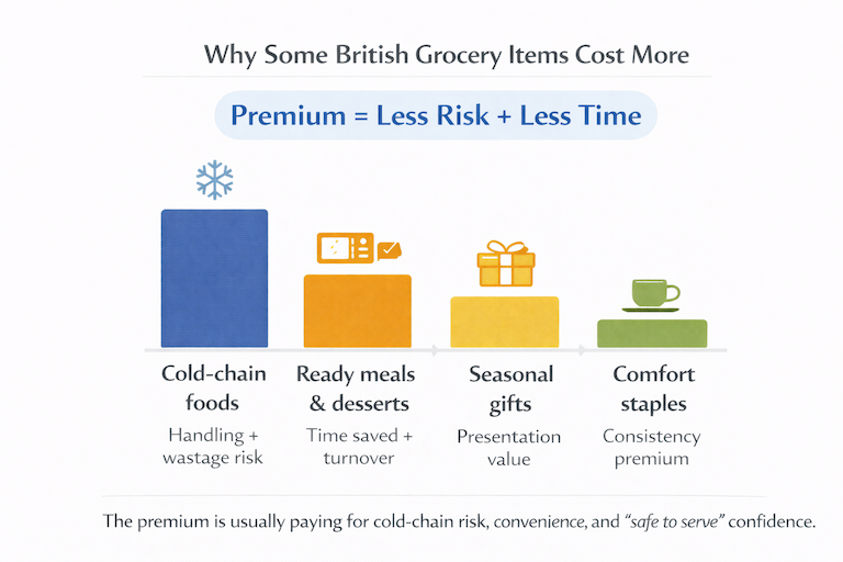 A bar chart showing premium drivers: cold-chain categories, time-saving ready meals, giftable seasonal lines, and comfort staples with consistent taste, with short reasons under each bar.