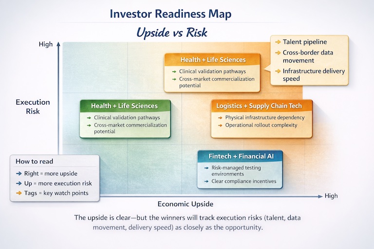 A 2x2 matrix that plots “Economic upside from AI” (low→high) against “Execution risk” (low→high). Places three priority sectors (health/life sciences, fintech, logistics) as labeled cards, and adds three “watch points” tags (talent, data flows, infrastructure delivery) near the higher-risk side. Includes a small legend explaining how to read the chart.