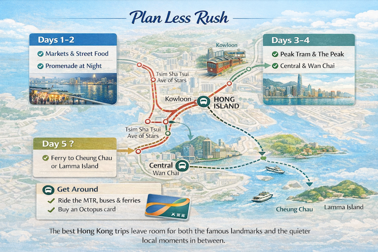 Travel planning map showing a balanced Hong Kong itinerary with Kowloon, Hong Kong Island, ferry islands, and local transport tips